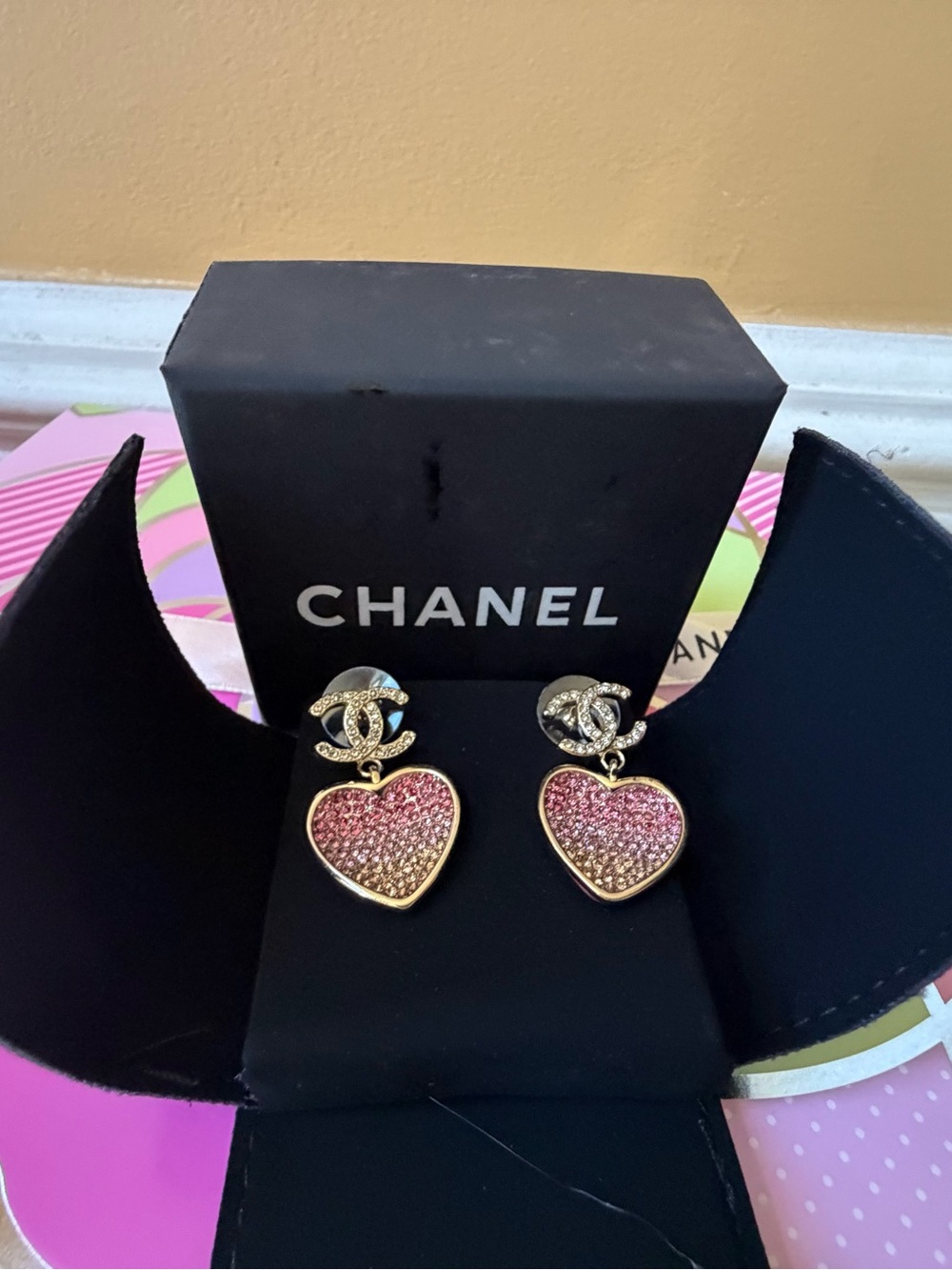 Chanel Gold and Pink Heart drop earrings
